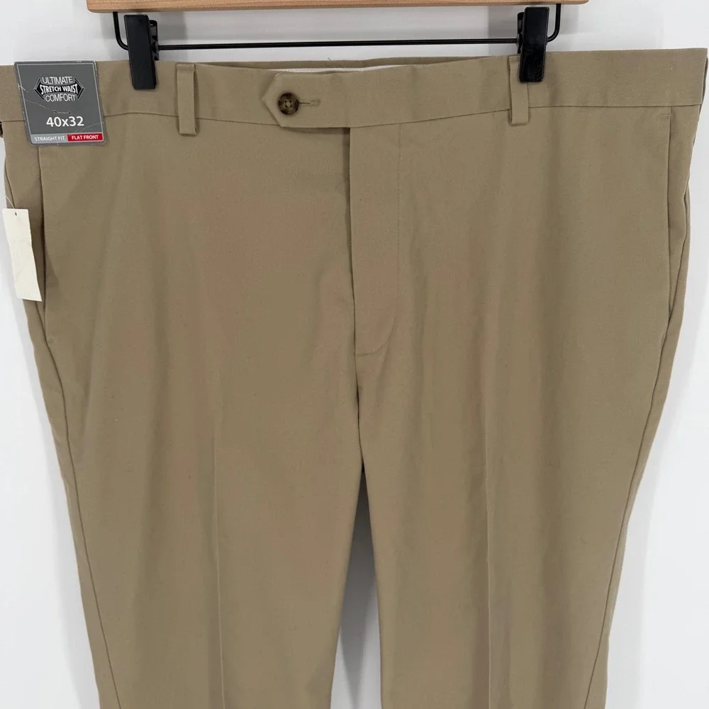 Roundtree & Yorke TravelSmart Mens 40x32 Khaki Straight Fit Flat Front Pants NEW